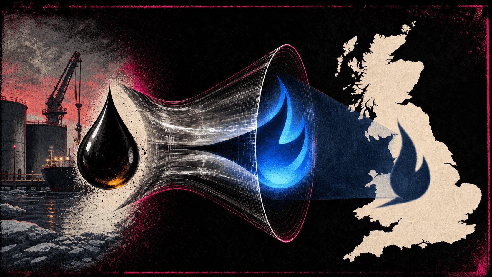 Editorial illustration of a crude-oil drop being distorted through a lens into a gas-flame shadow over Great Britain.