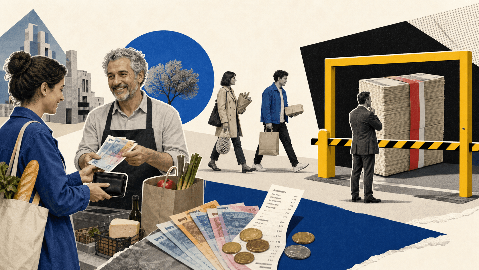 Everyday shoppers use cash while one oversized bundle of banknotes is stopped at a distant yellow threshold gate.