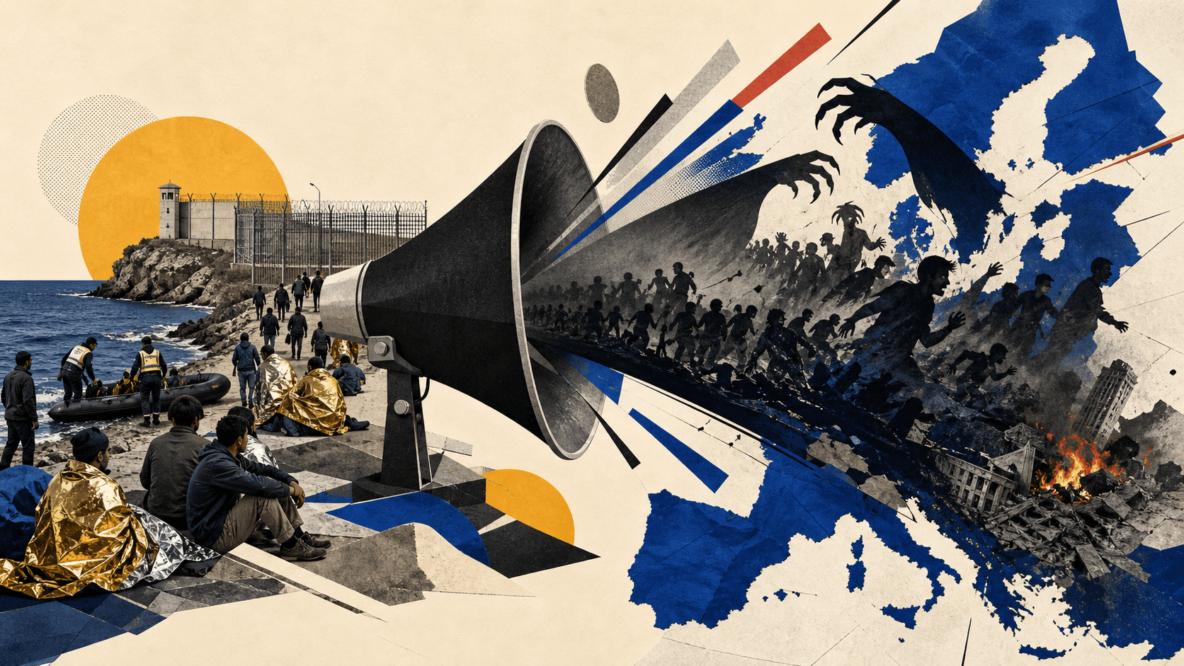 A real coastal migration scene is amplified through a megaphone into an exaggerated threatening shadow over Europe.