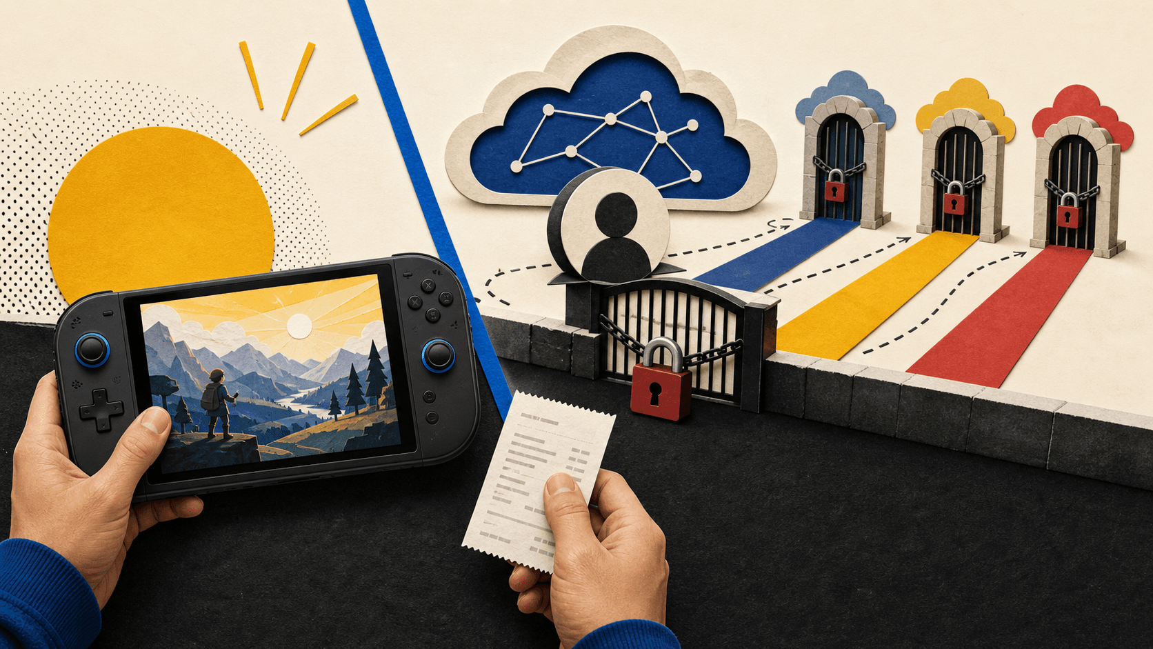 A buyer holds a lit handheld console and receipt while separate account and network gates are locked in the distance.