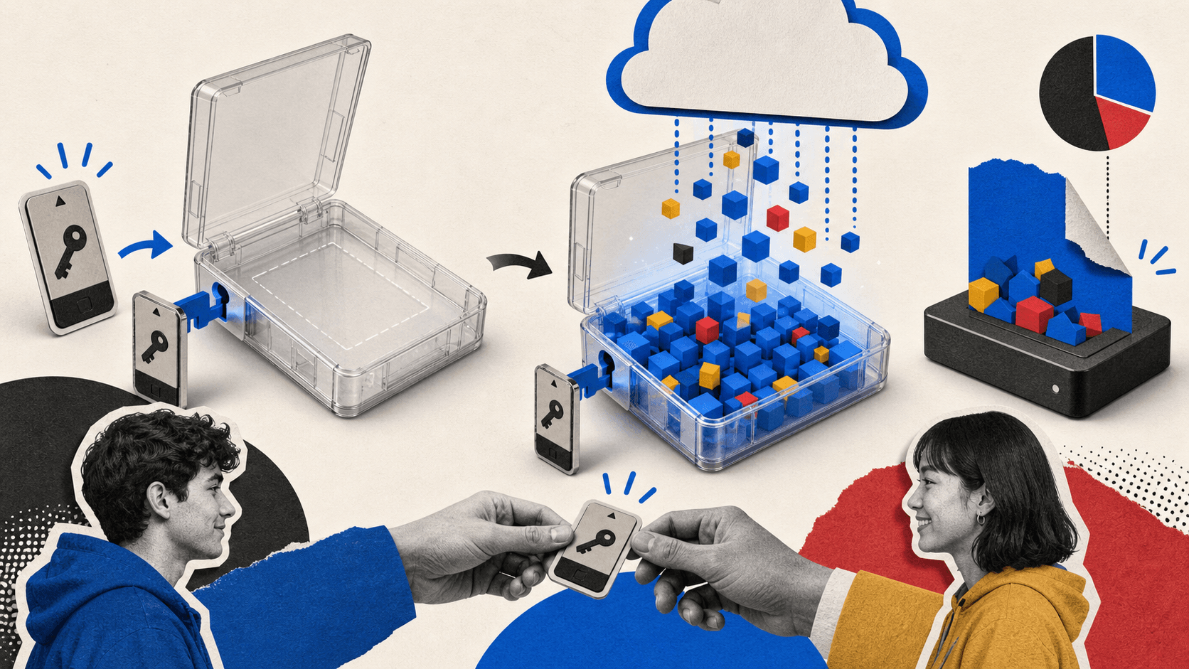 A physical game key is passed between two people while an empty game case fills with downloaded data from a cloud.