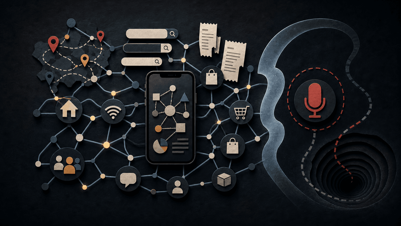 A phone is surrounded by connected location, search, shopping and household data, while a separated microphone sits behind a question mark and a path curls toward a dark rabbit hole.