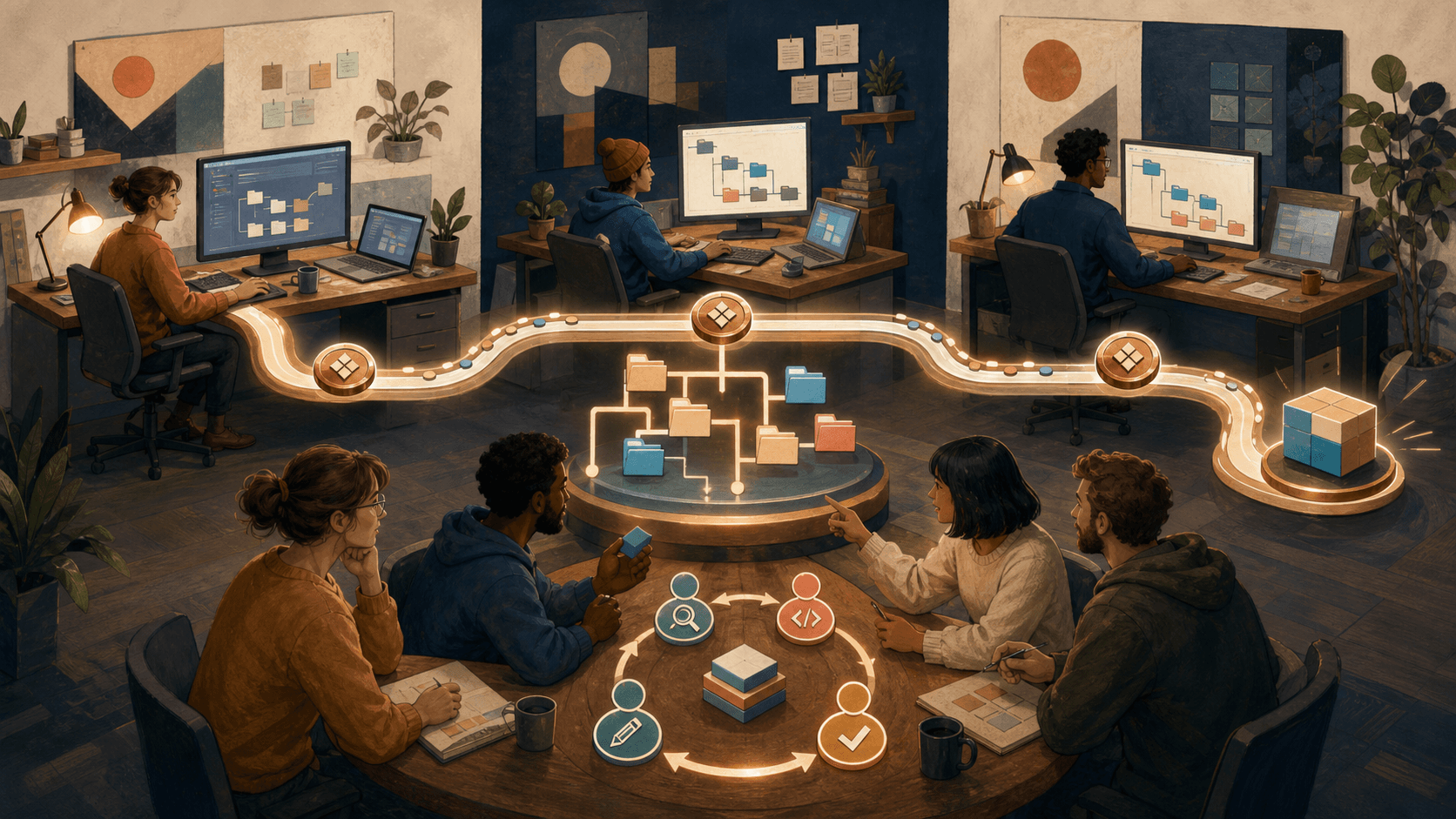 Editorial illustration of one glowing repository path connecting three coding workstations while four collaborators plan, build, review and accept the same project.