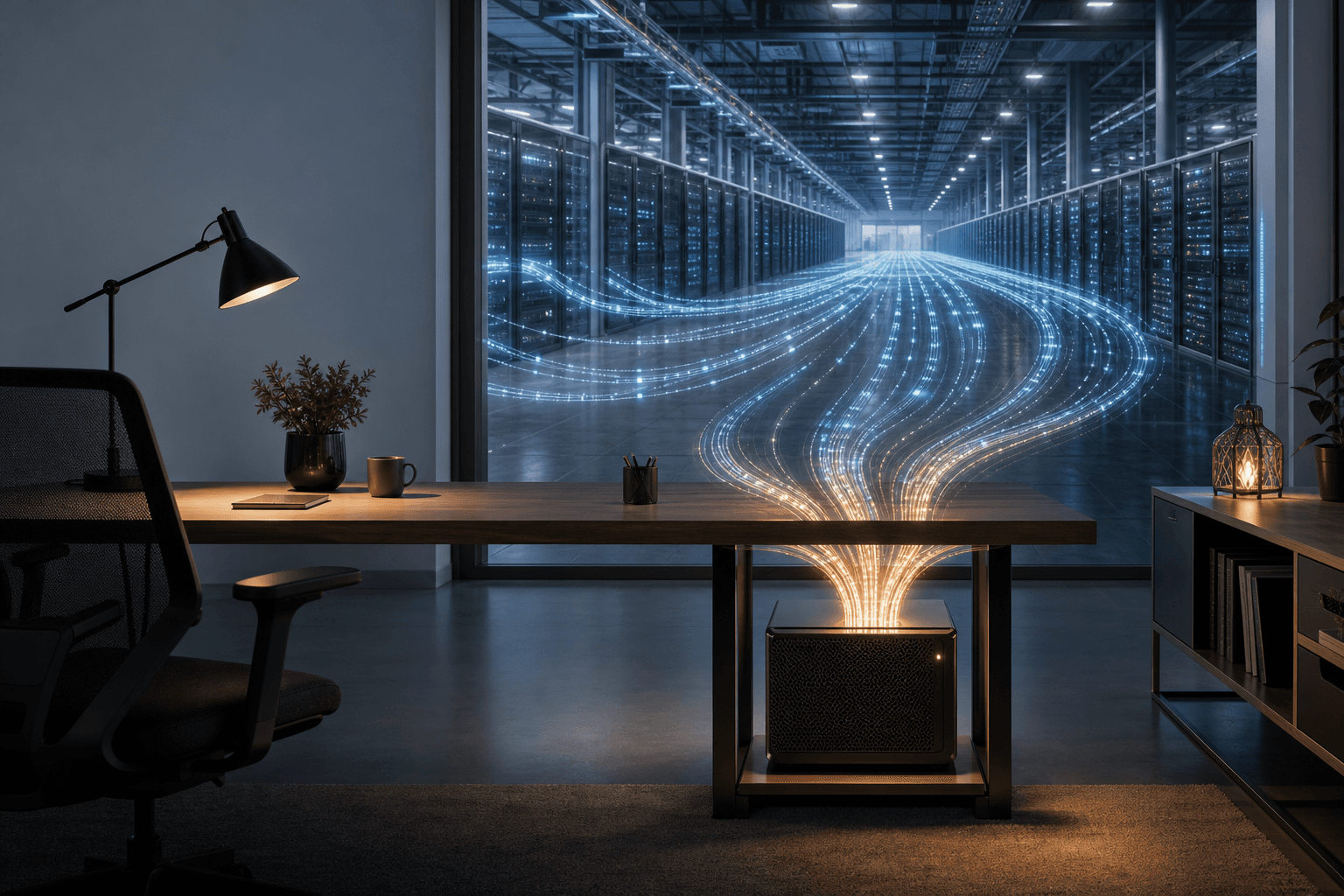 Editorial illustration of a large data-center hall whose data cables converge on a compact workstation beneath an office desk.