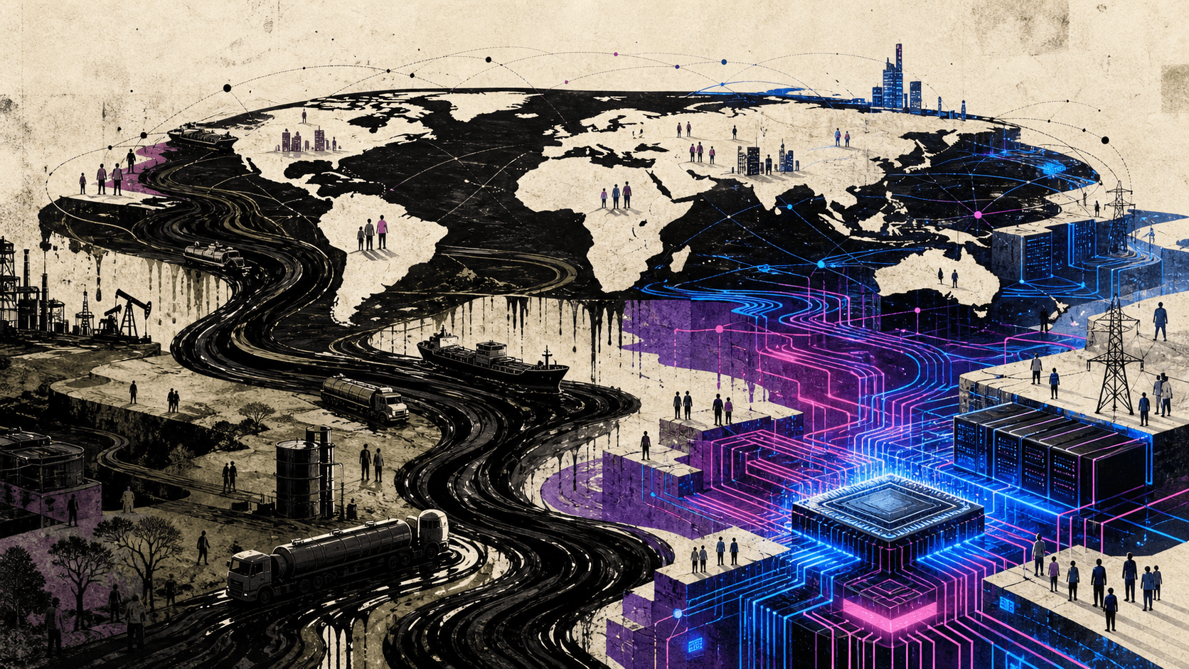 Editorial illustration of a connected world divided between dark oil routes and a bright semiconductor and data-centre grid, with people standing on uneven economic layers.