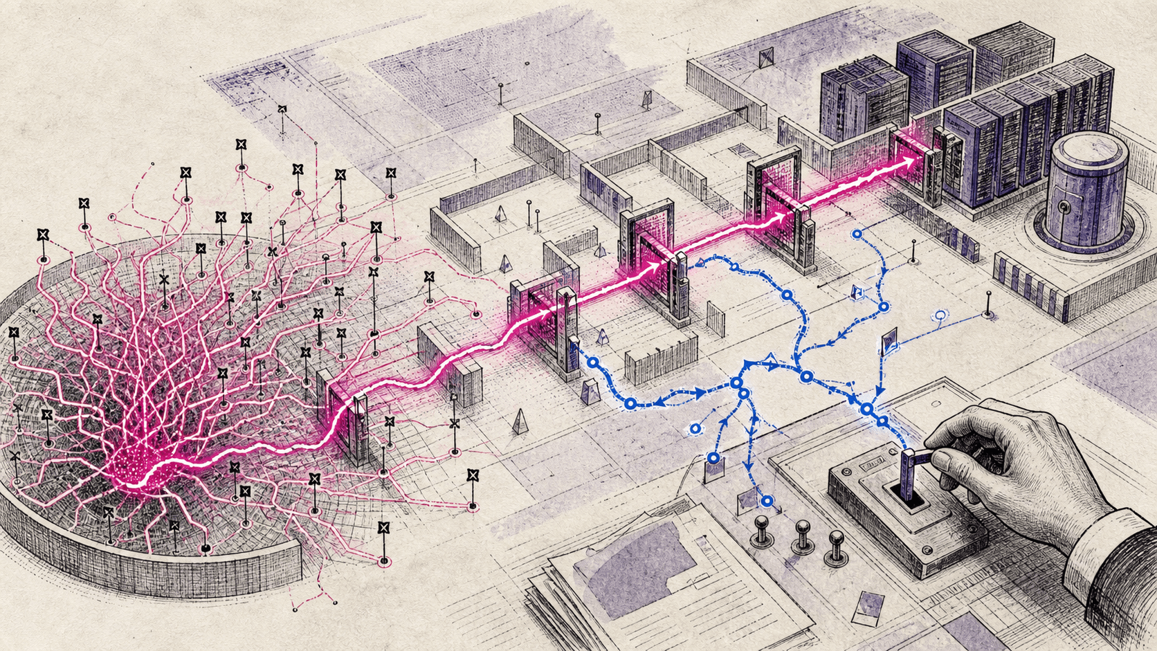 Editorial illustration of thousands of magenta paths testing a maze, with one route crossing guarded boundaries toward servers while a blue defensive trail leads to a human-operated control.