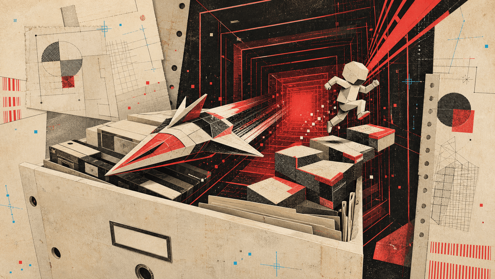 Editorial illustration of a geometric racing craft and a faceless explorer emerging from a paper archive into a red stereoscopic tunnel.