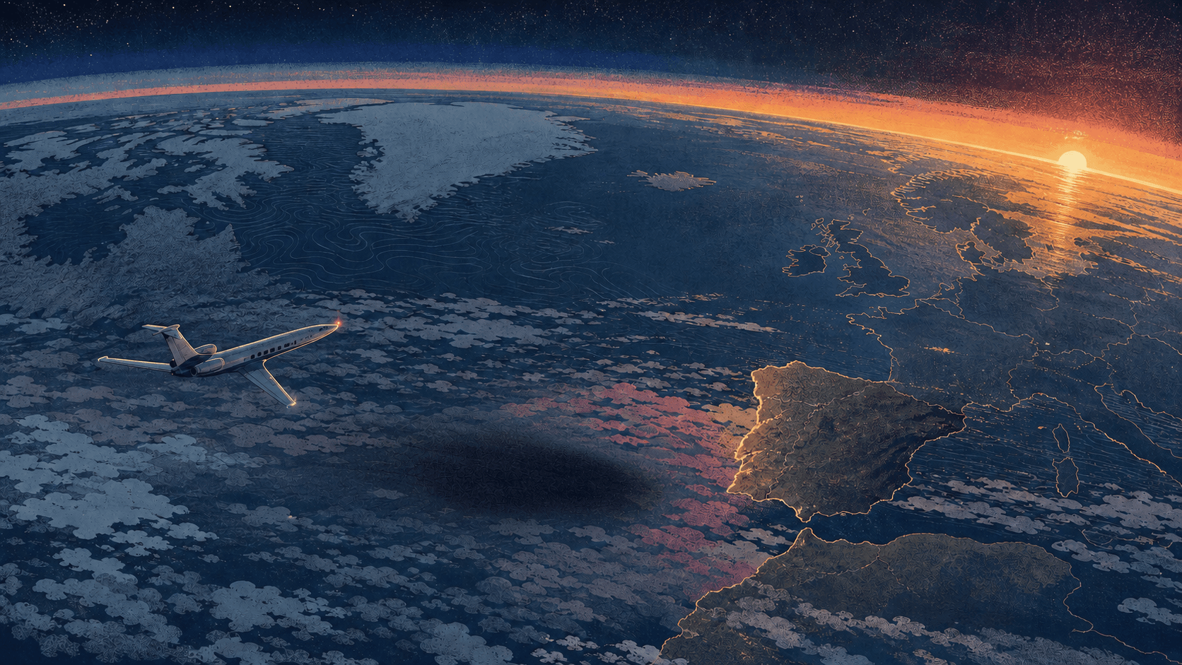 Editorial illustration of the Moon's shadow crossing the North Atlantic toward Spain at sunset, with a research aircraft above the clouds.