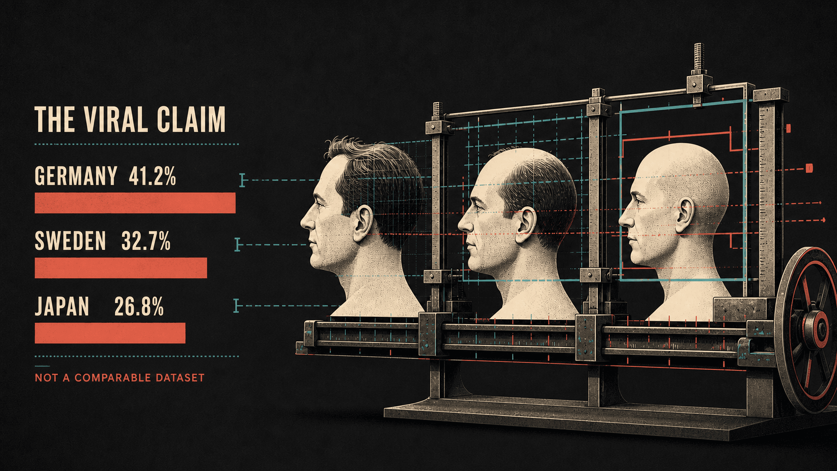 Viral baldness claims for Germany, Sweden and Japan beside three illustrated heads measured by misaligned grids.