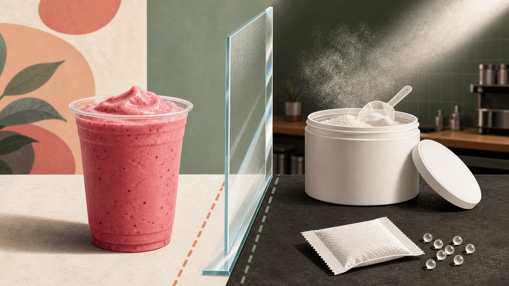 An unbranded pink frozen drink is separated by glass from airborne café powder and a sealed silica-gel sachet.