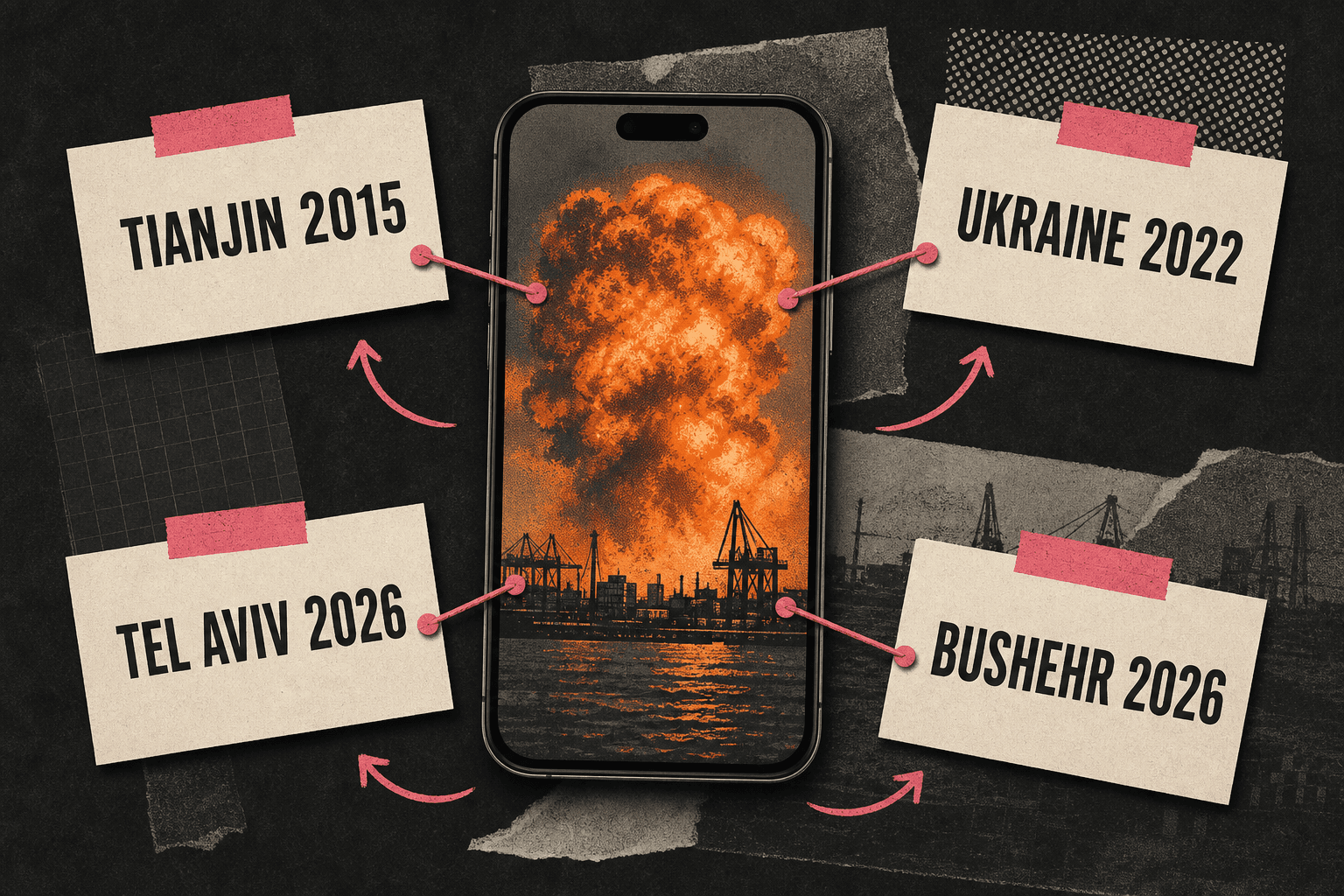 Editorial illustration of one explosion video connected to four conflicting labels: Tianjin 2015, Ukraine 2022, Tel Aviv 2026 and Bushehr 2026.