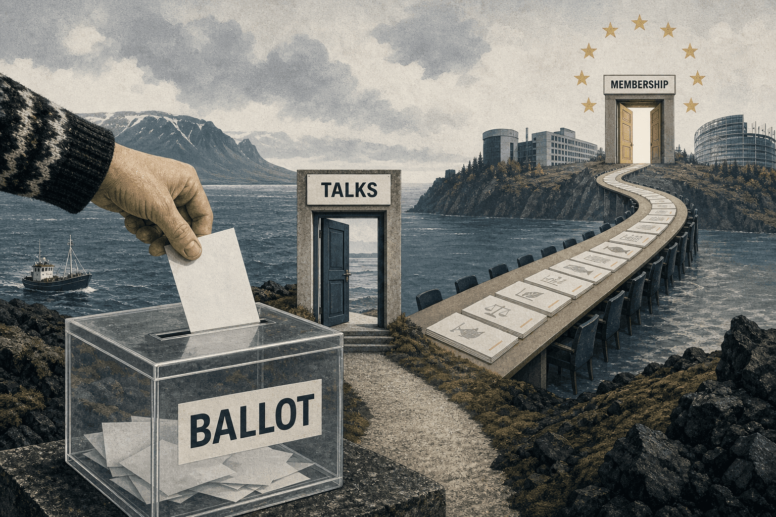 Editorial illustration of an Icelandic ballot leading first to a door marked Talks and only after a long negotiating table to a distant Membership door.