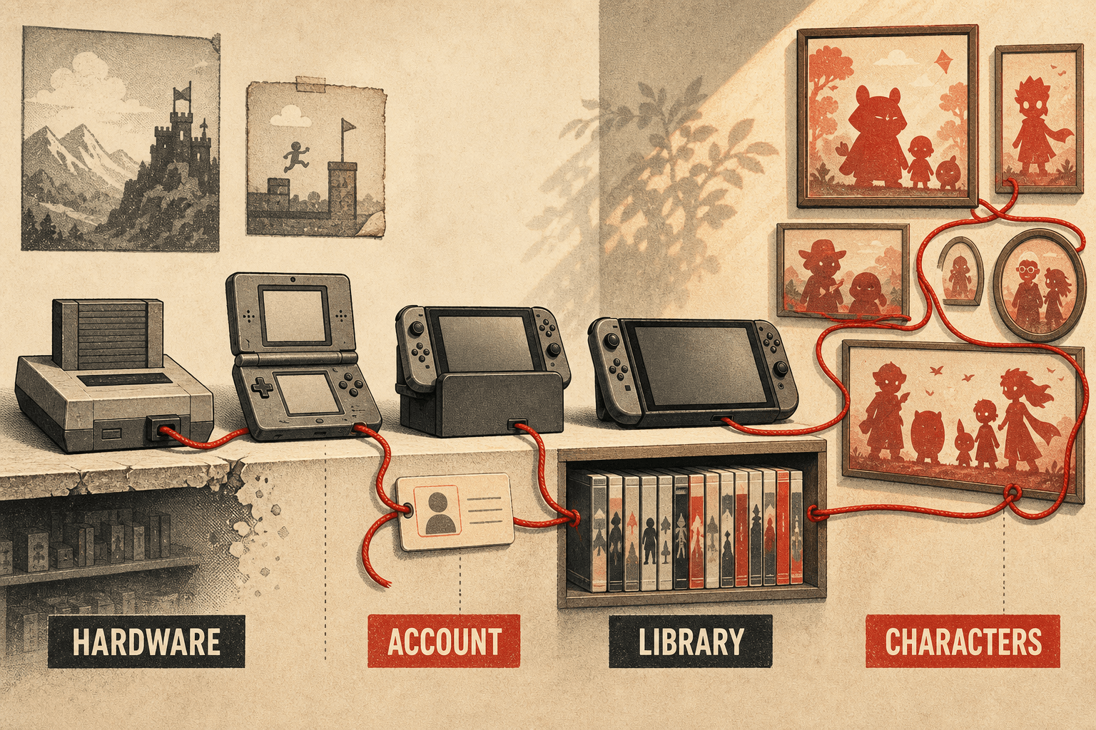 Editorial illustration of a red thread connecting changing game hardware to an account, a game library and character memories across generations.