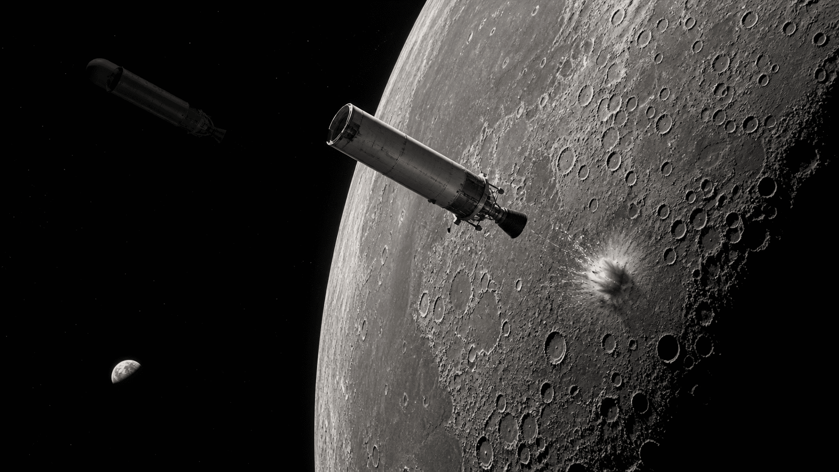 Editorial illustration of a spent rocket upper stage approaching a small impact plume on the cratered Moon, with Earth in the distance.
