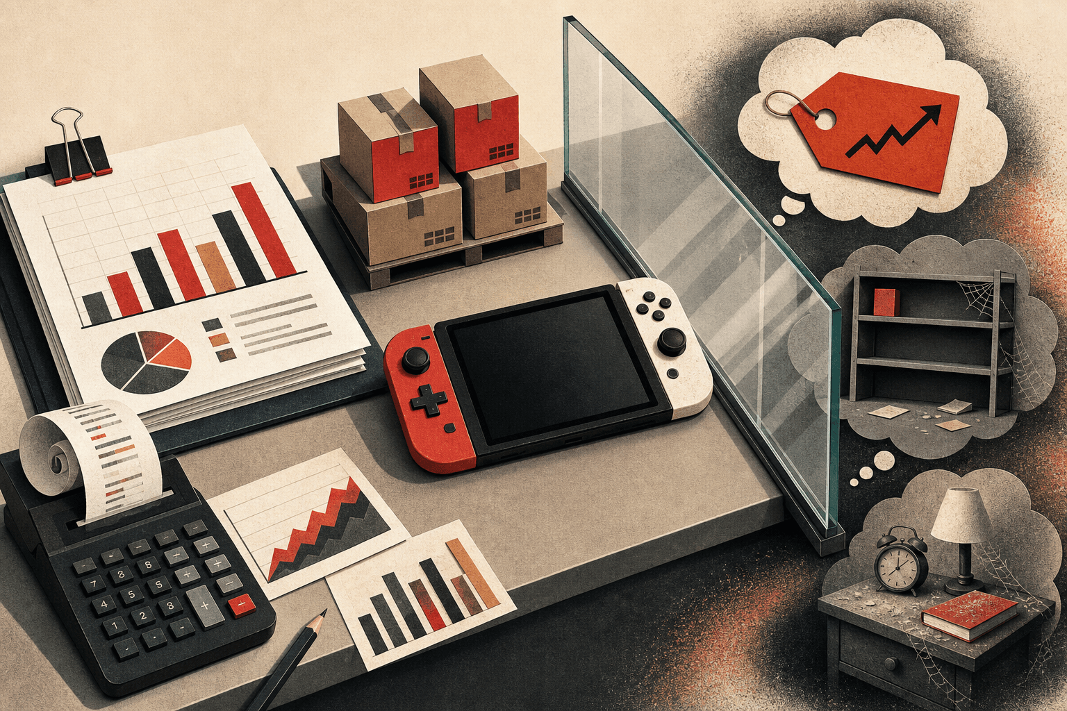 Editorial illustration of a handheld console and sales charts separated by glass from thought bubbles about price, empty shelves and an unused bedside table.