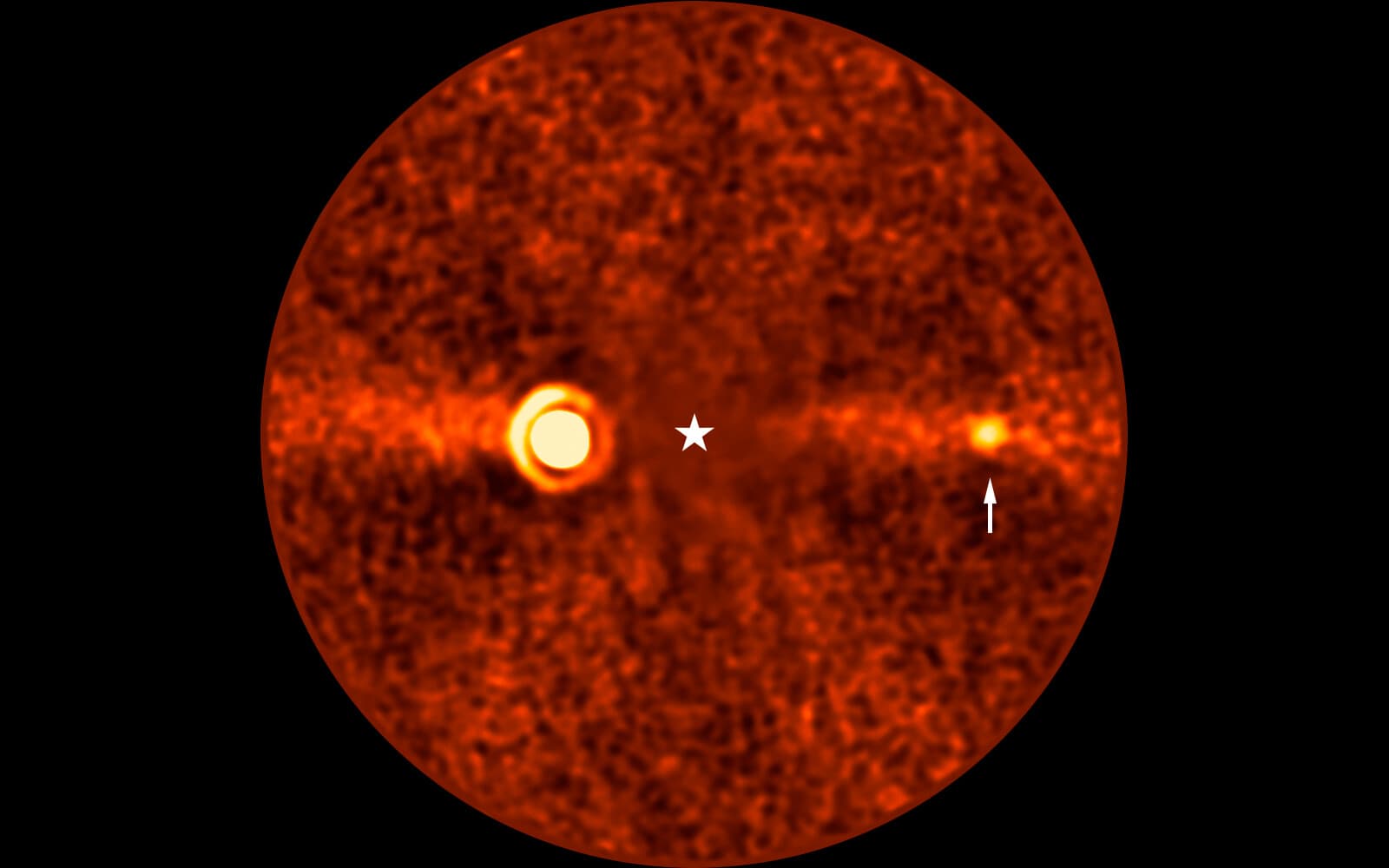 Processed orange infrared VLT image: Beta Pictoris b glows left of the marked star position, while an arrow points to the fainter Beta Pictoris d on the right; the edge-on debris disk crosses the frame.