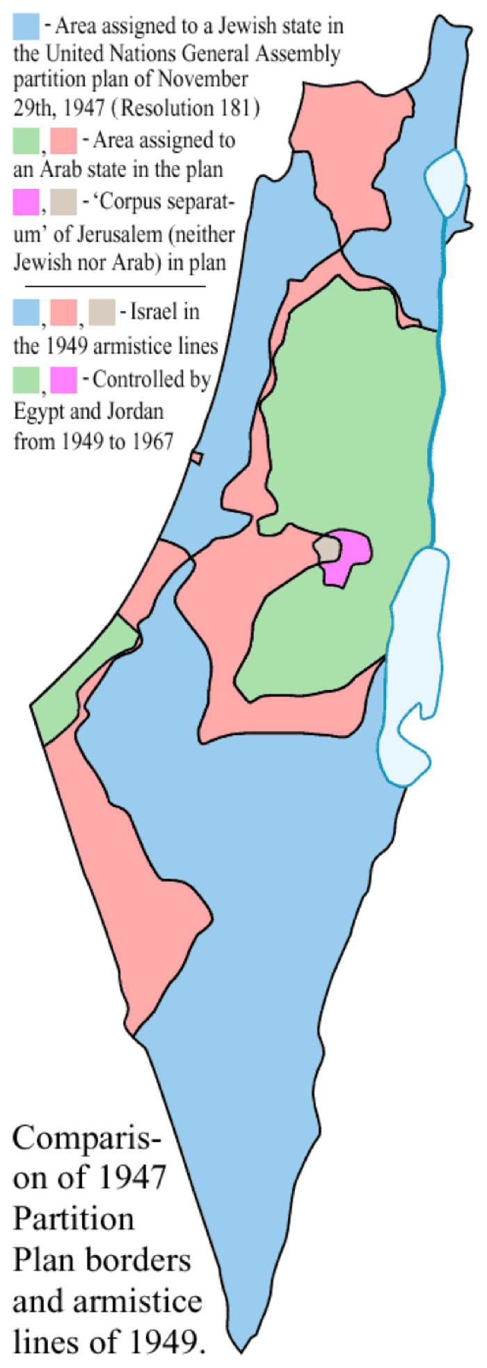 Comparison map showing the 1947 UN partition proposal and the different territorial outcome inside the 1949 armistice lines.