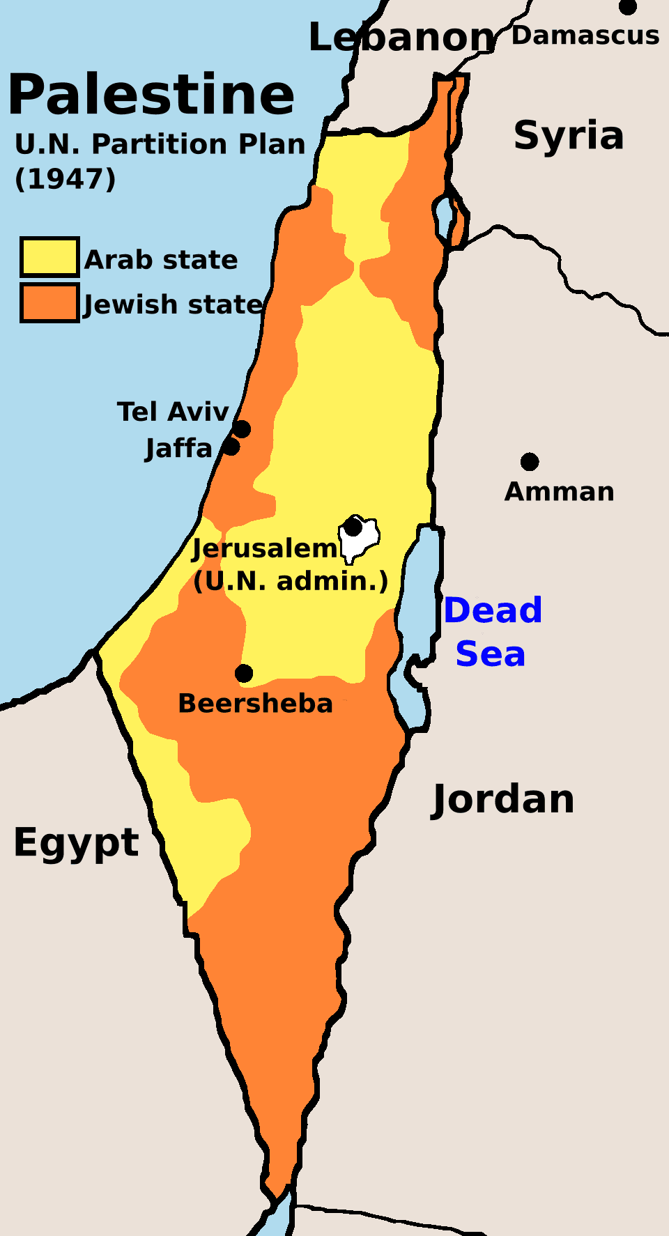 Map of the 1947 United Nations proposal for Arab and Jewish states and a United Nations-administered Jerusalem area.