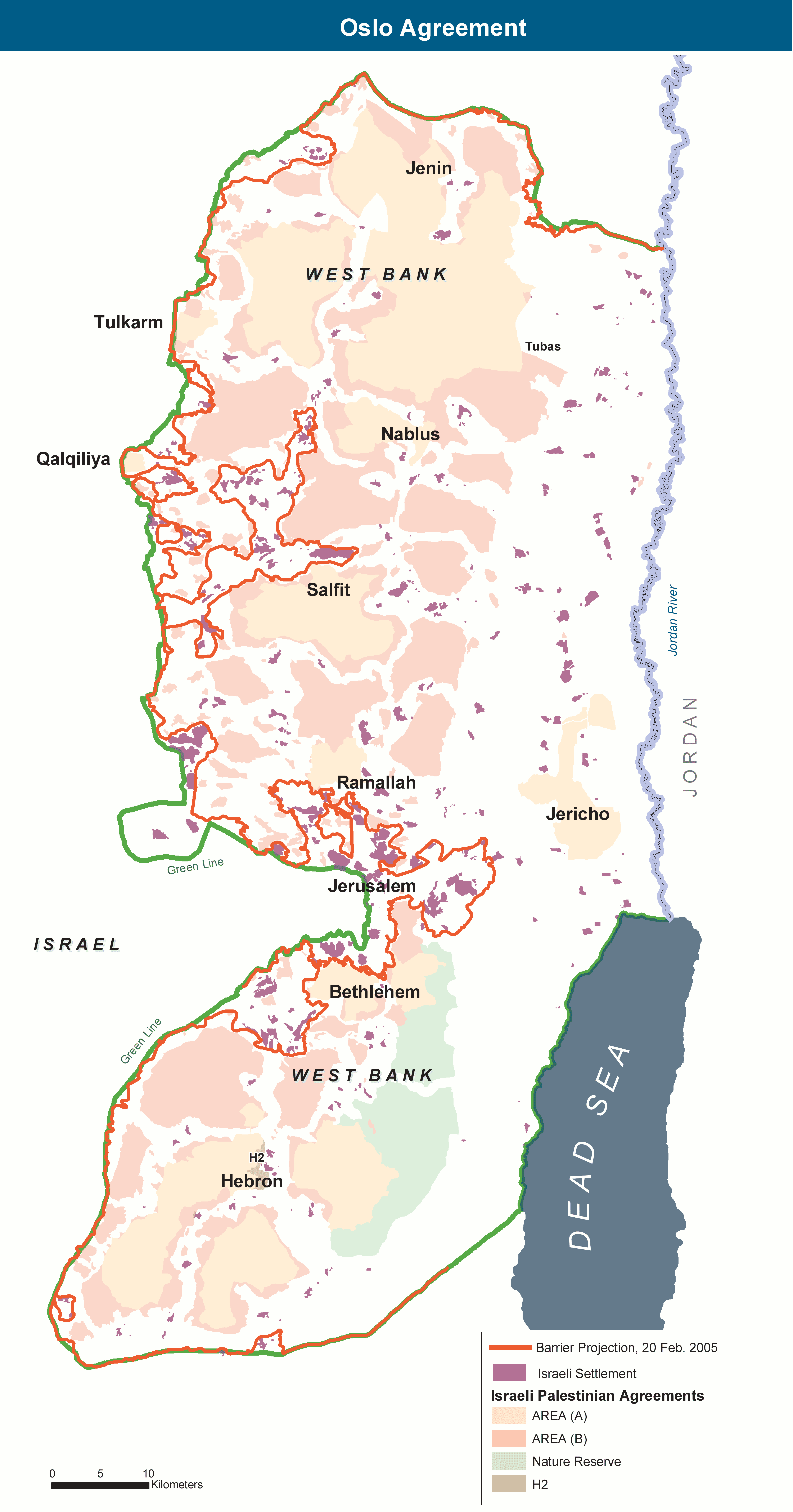 Detailed West Bank map showing fragmented Oslo Areas A and B, Israeli settlements and the barrier projection as of February 2005.