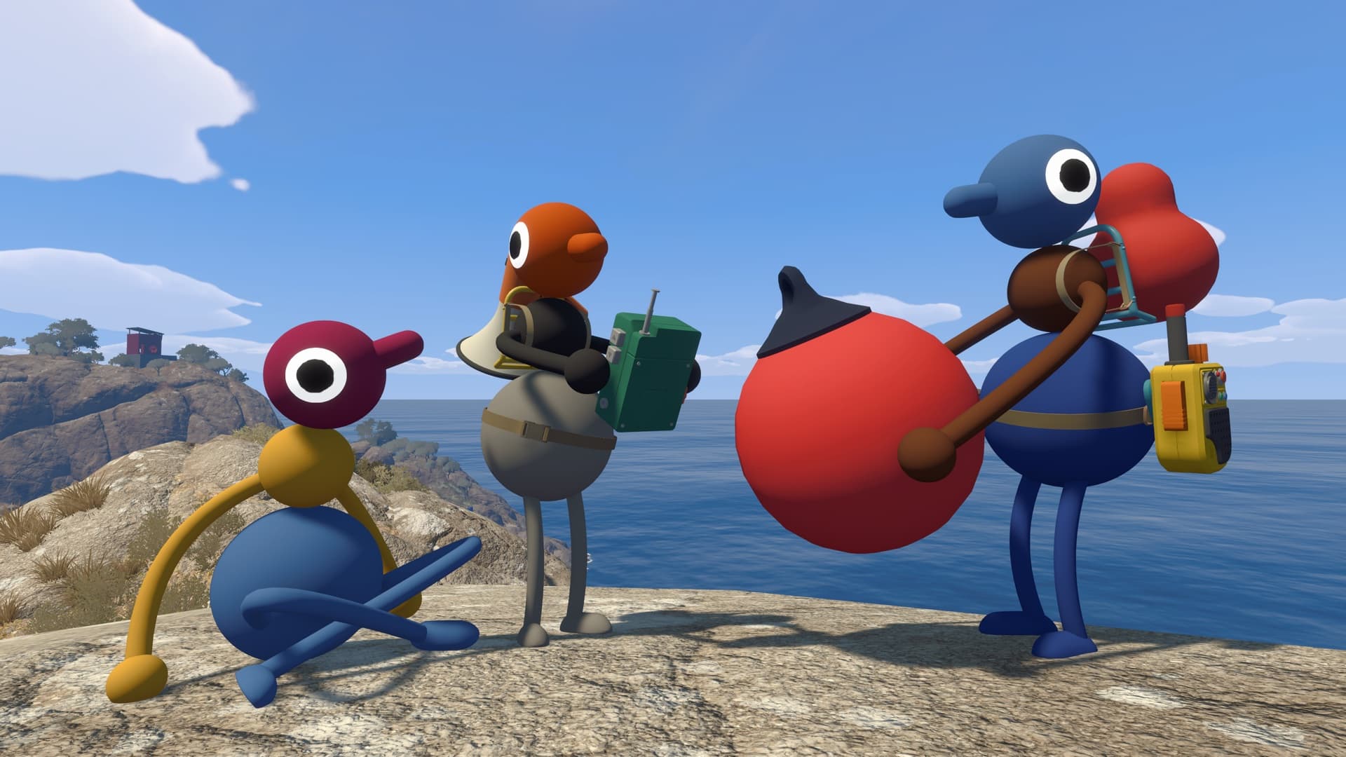 Four colourful Big Walk characters stand on a coastal hill carrying a walkie-talkie, megaphone and backpack.