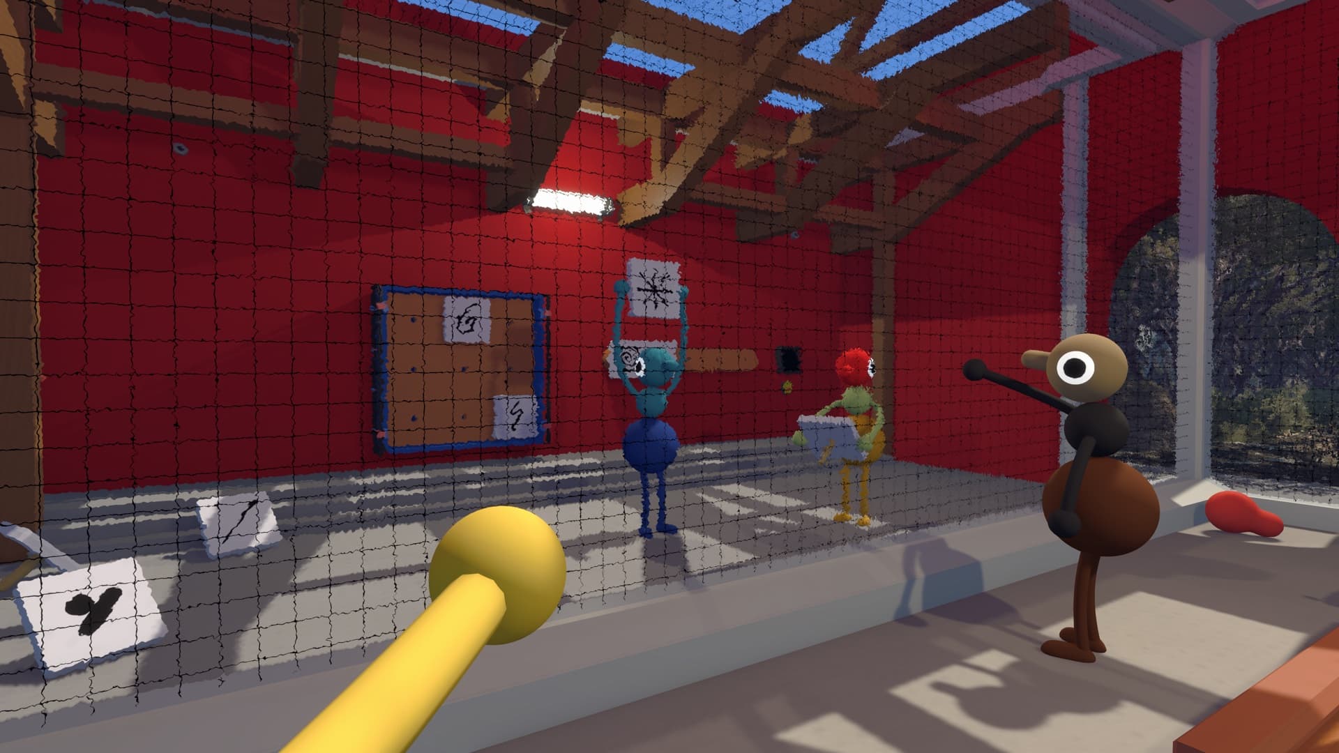 Big Walk characters point and hold signs on opposite sides of a glass wall inside a red puzzle room.