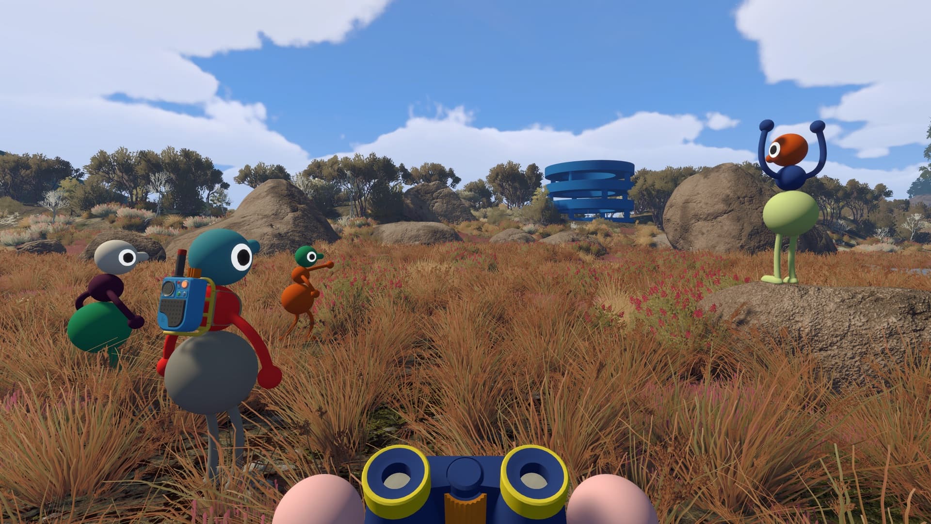 A first-person Big Walk view faces four characters in a field; one carries a large walkie-talkie and another raises both arms.